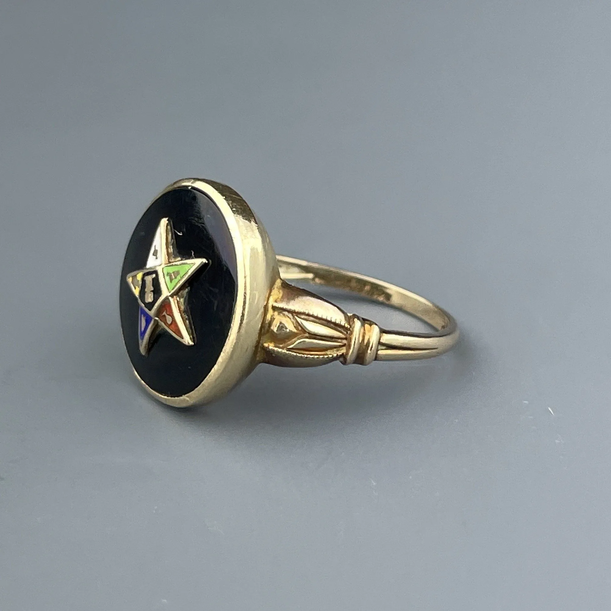 Vintage 14K Gold Onyx Enamel Masonic Star Ring, Sz 5 3/4