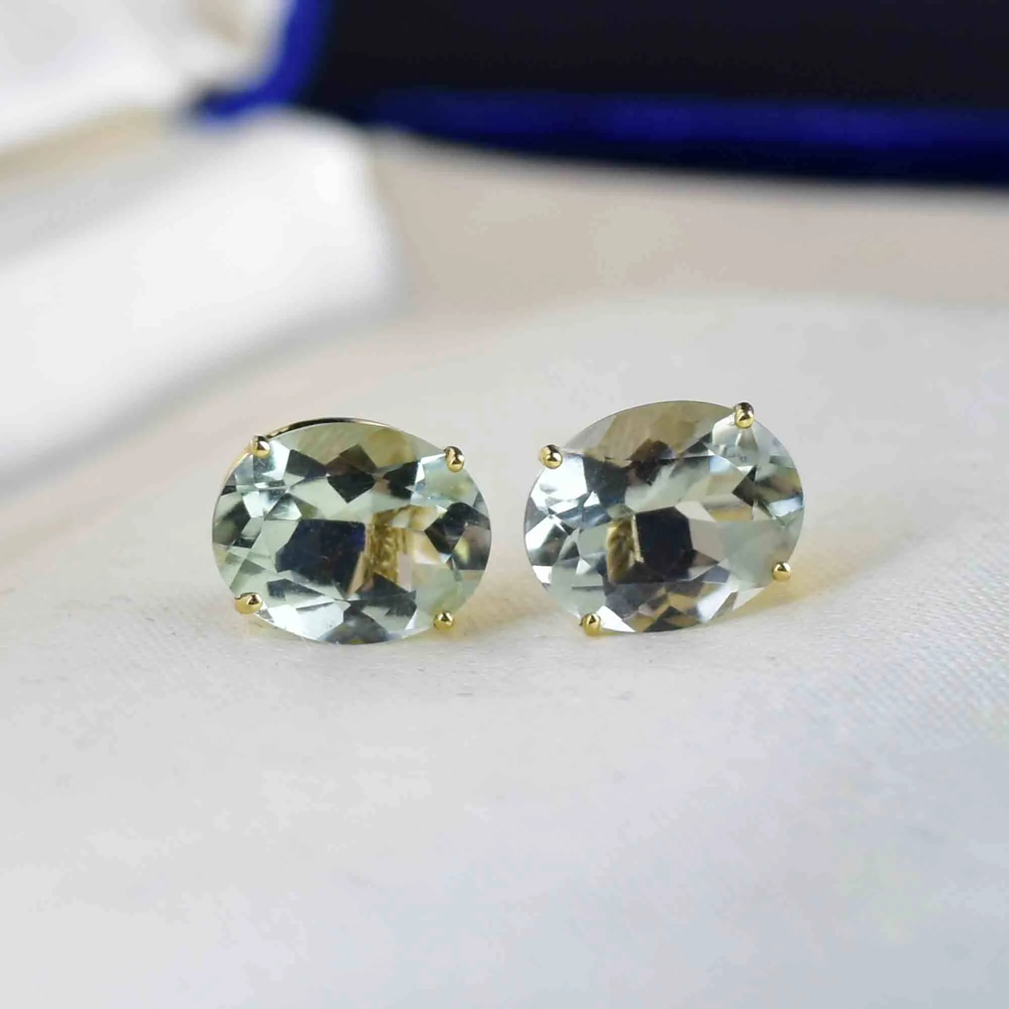 Vintage 14K Gold Oval Prasiolite Stud Earrings