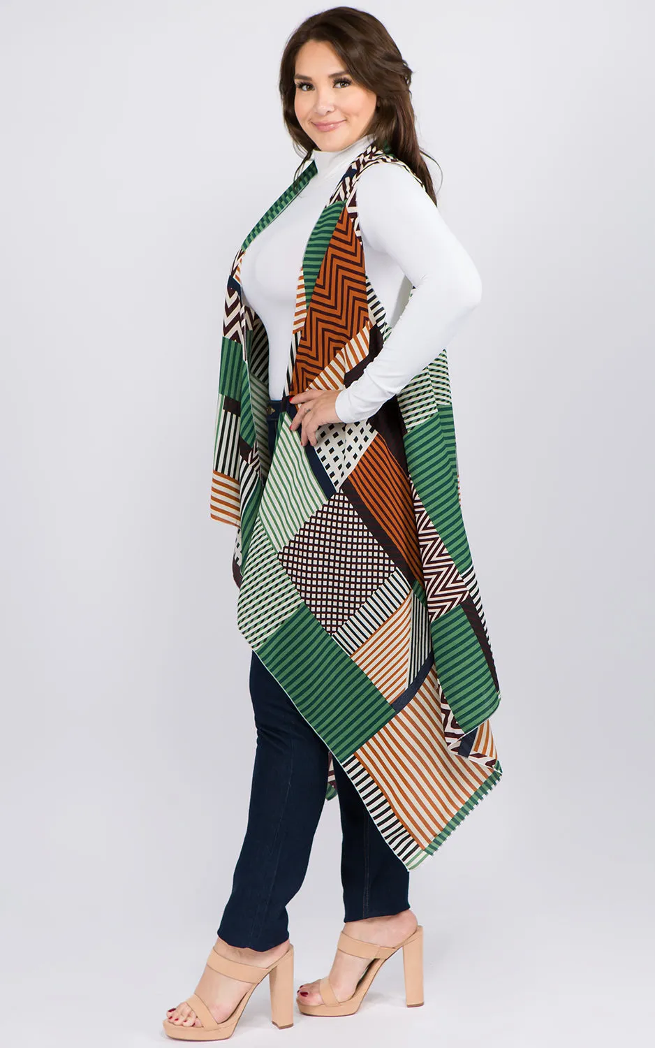 VP92B8P Plus Size Stripe Geometric Long Scarf Vest