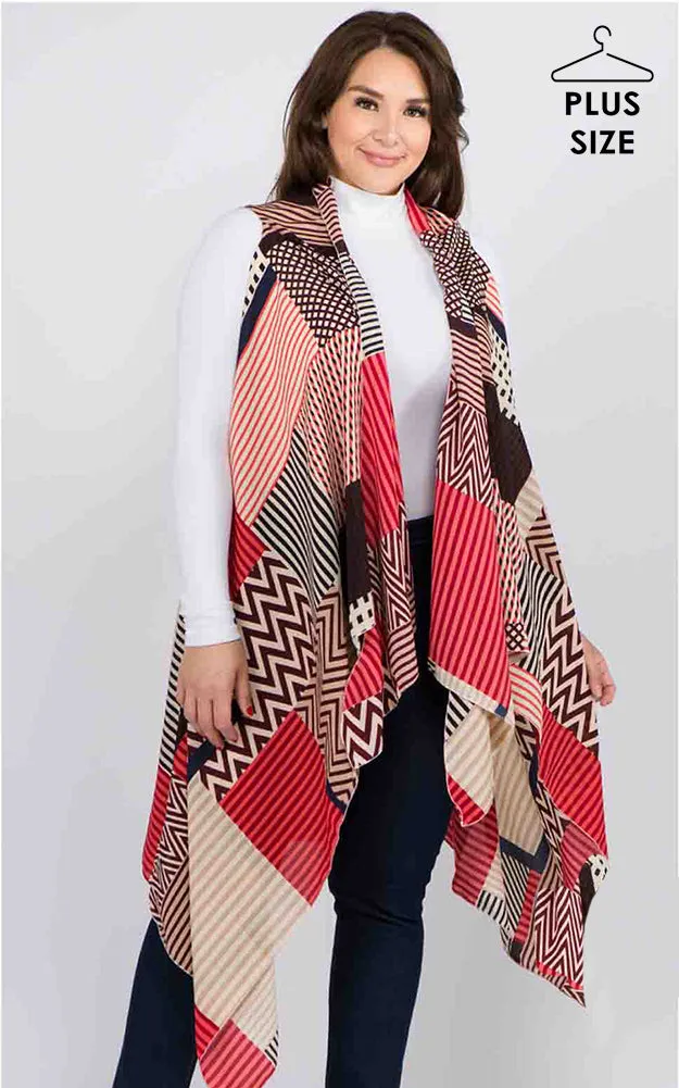 VP92B8P Plus Size Stripe Geometric Long Scarf Vest