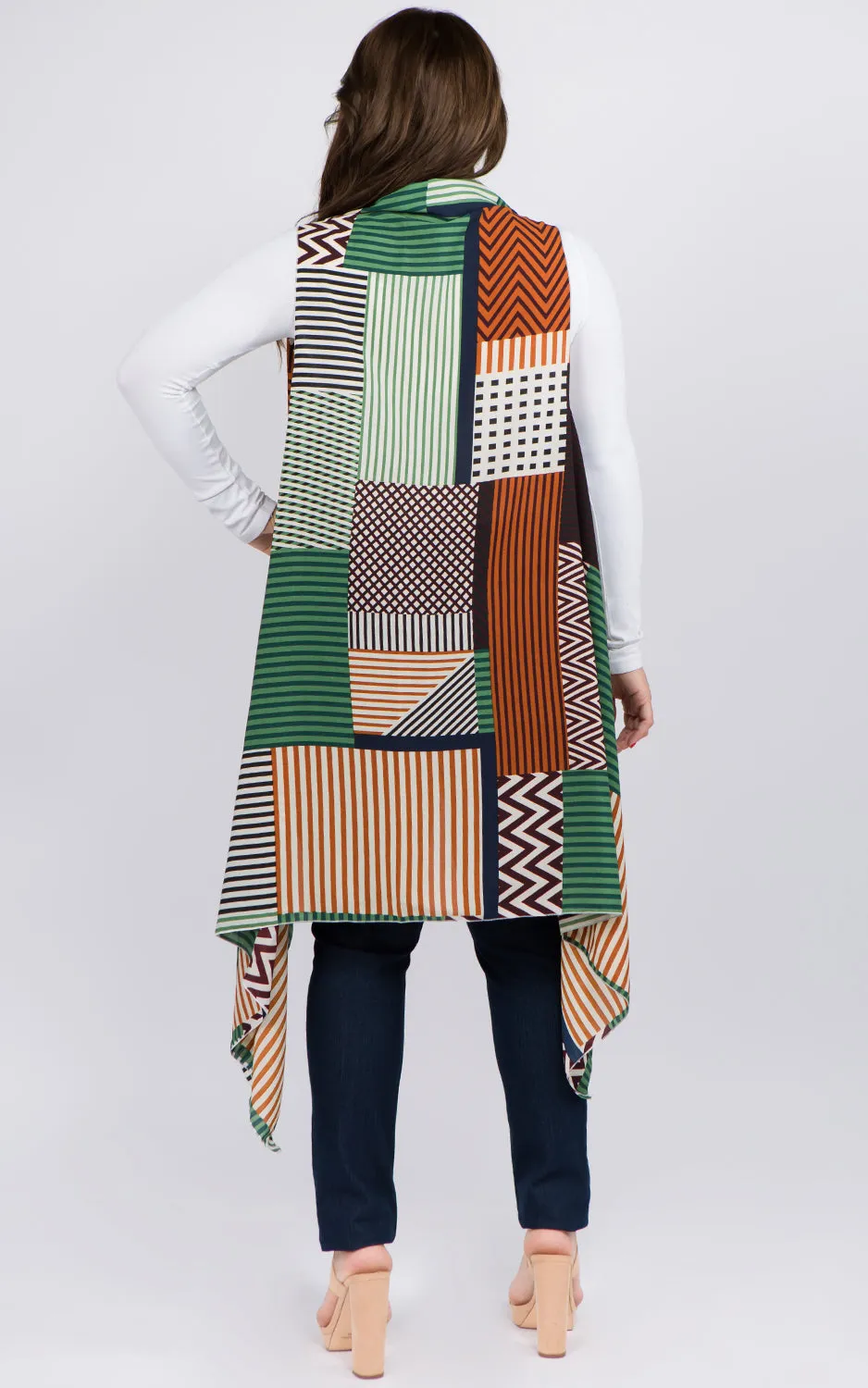 VP92B8P Plus Size Stripe Geometric Long Scarf Vest