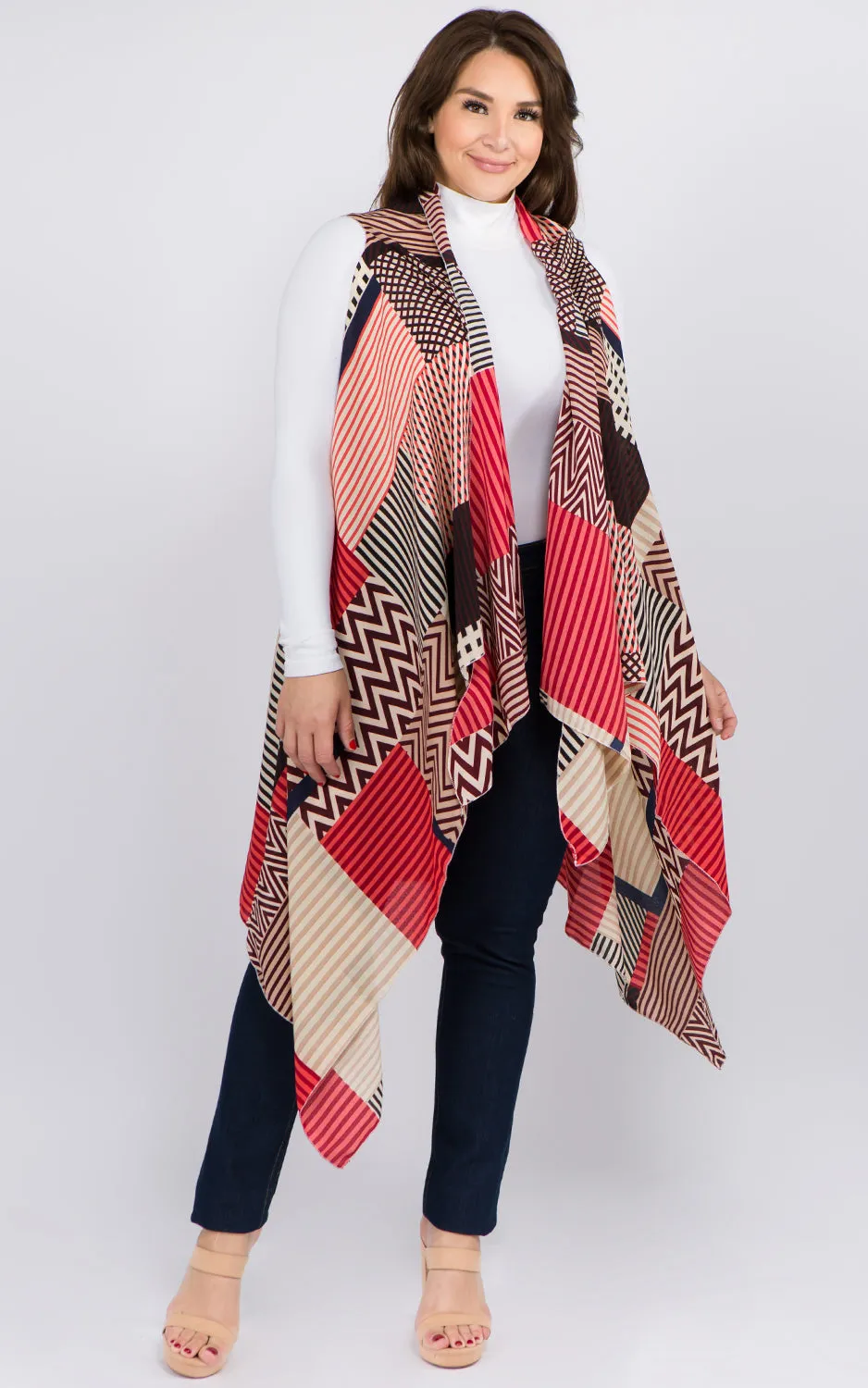 VP92B8P Plus Size Stripe Geometric Long Scarf Vest