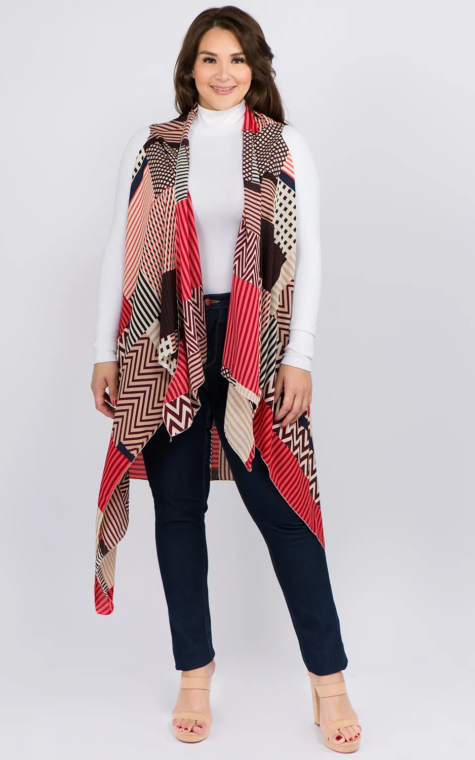 VP92B8P Plus Size Stripe Geometric Long Scarf Vest