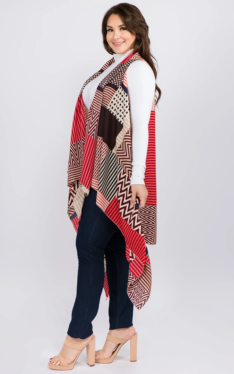 VP92B8P Plus Size Stripe Geometric Long Scarf Vest