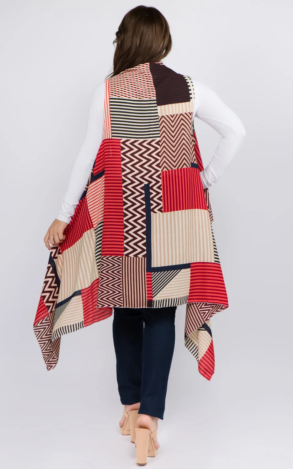 VP92B8P Plus Size Stripe Geometric Long Scarf Vest