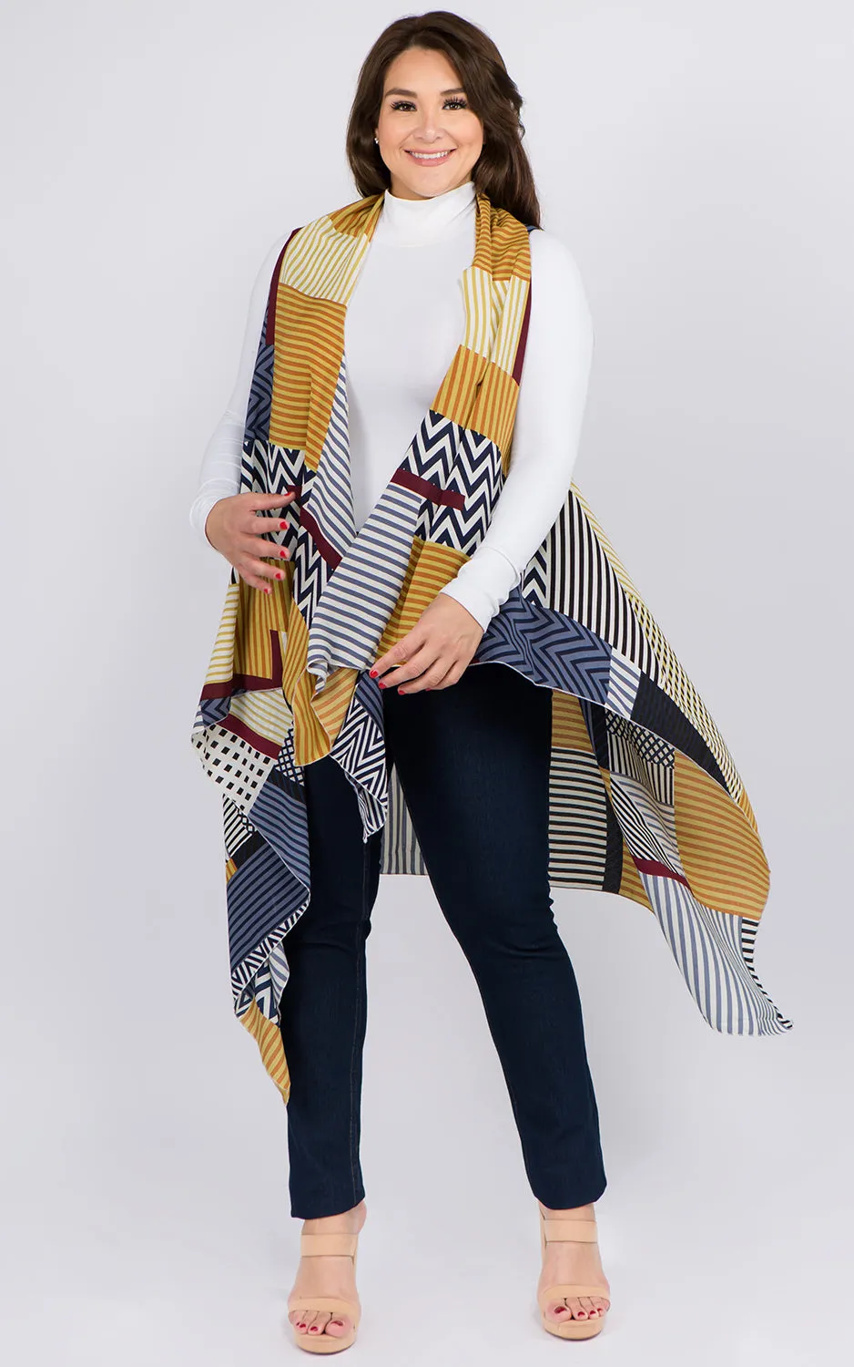 VP92B8P Plus Size Stripe Geometric Long Scarf Vest