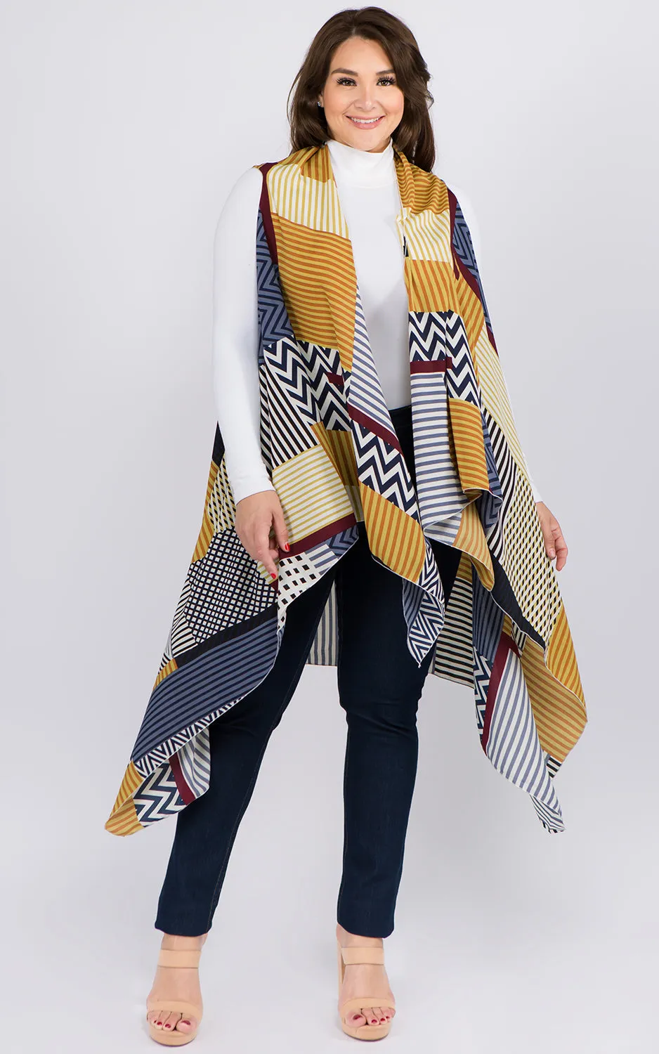 VP92B8P Plus Size Stripe Geometric Long Scarf Vest