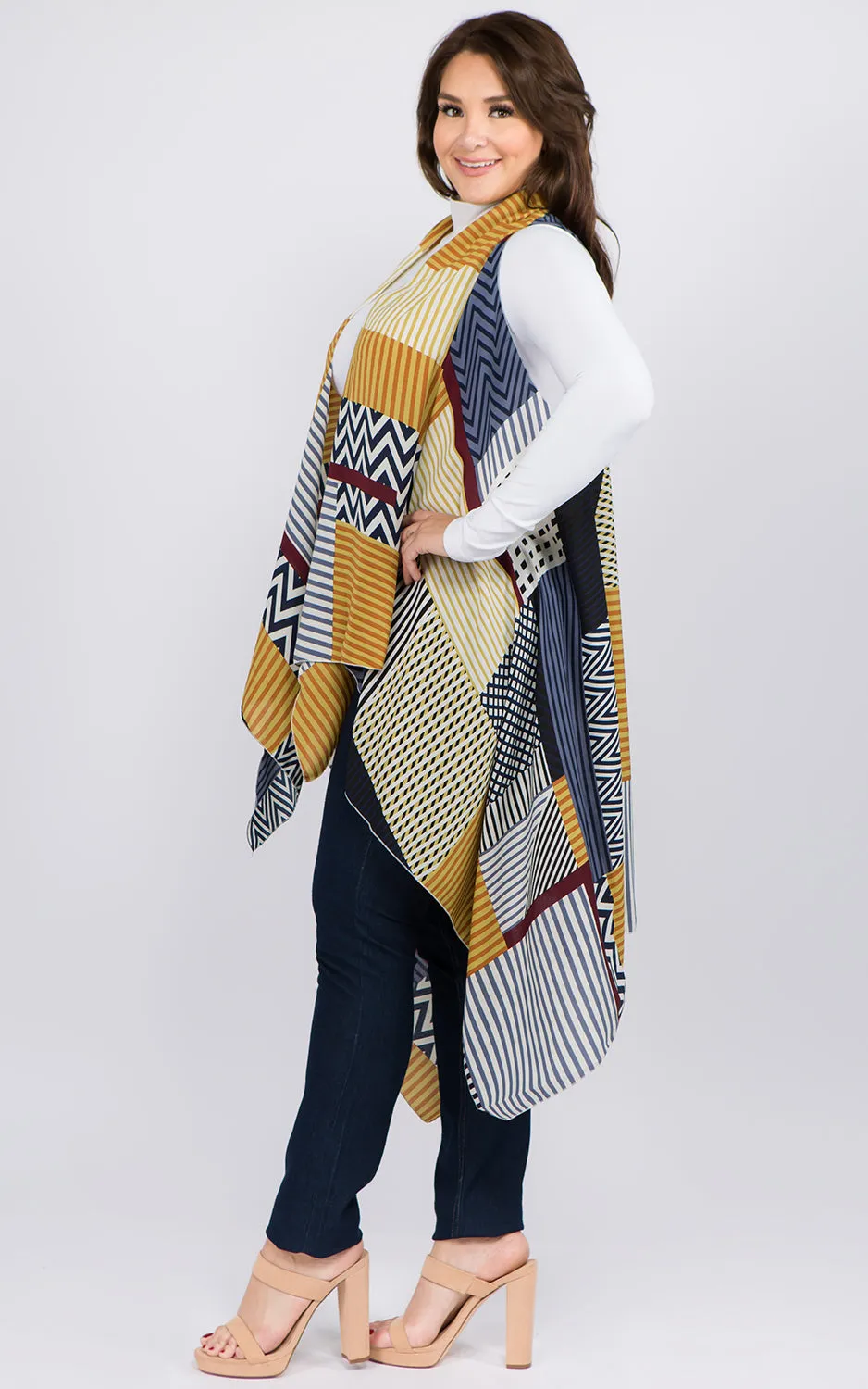 VP92B8P Plus Size Stripe Geometric Long Scarf Vest