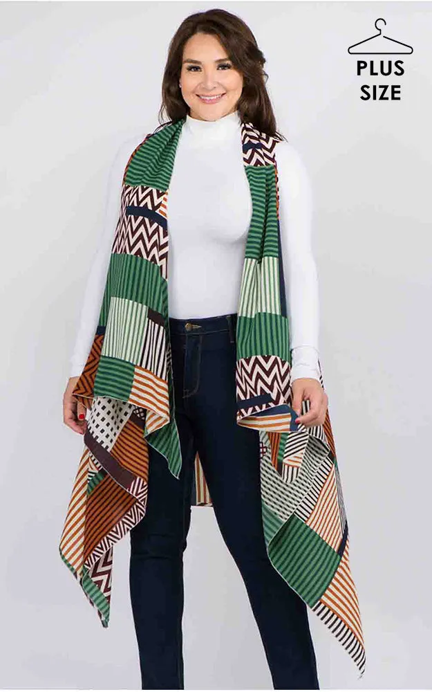 VP92B8P Plus Size Stripe Geometric Long Scarf Vest