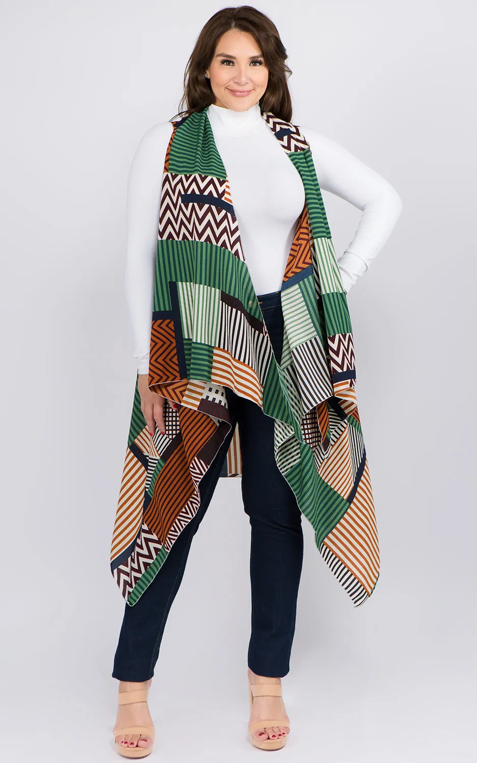 VP92B8P Plus Size Stripe Geometric Long Scarf Vest