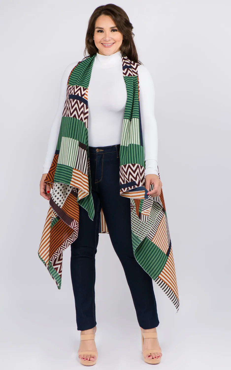 VP92B8P Plus Size Stripe Geometric Long Scarf Vest