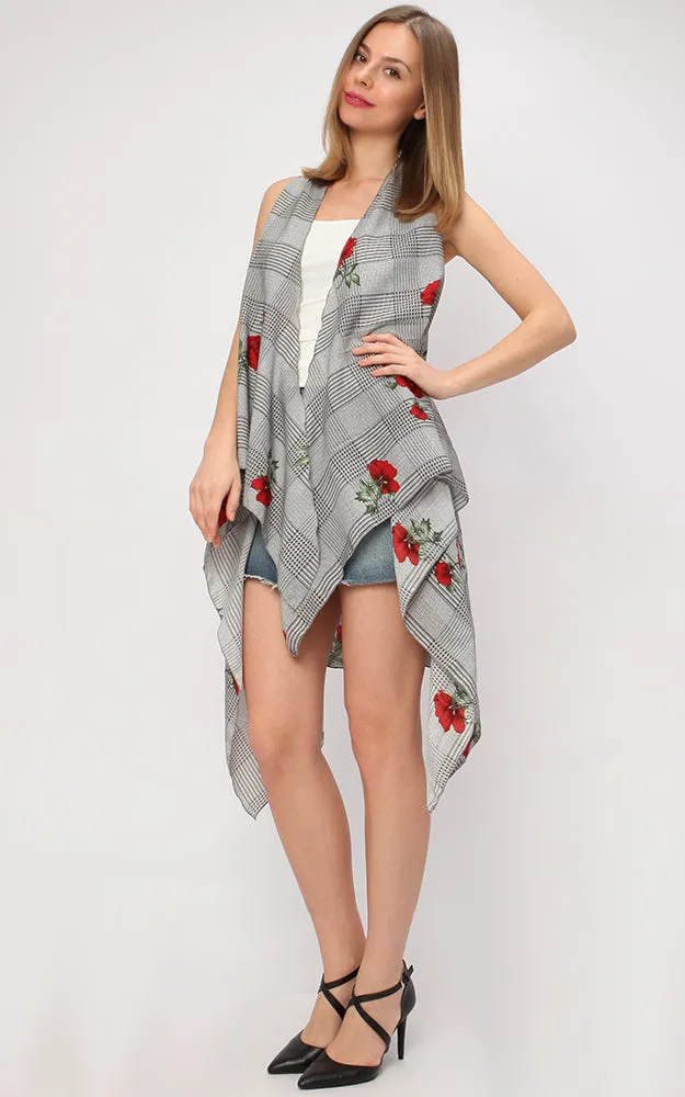 VP9341 Flower Over Plaid  Scarf Vest