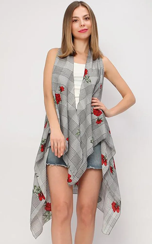 VP9341 Flower Over Plaid  Scarf Vest