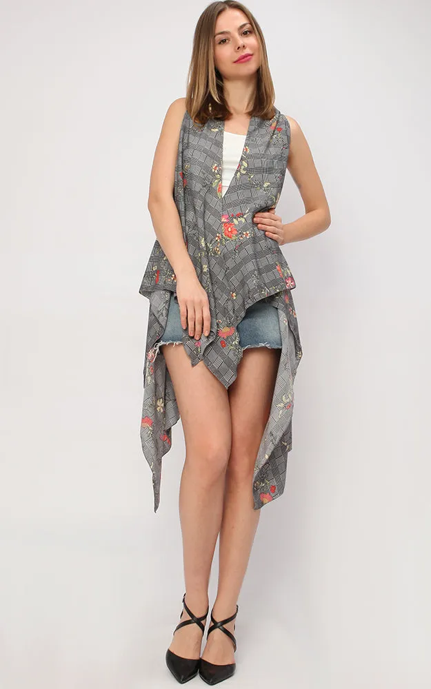 VP9341 Flower Over Plaid  Scarf Vest