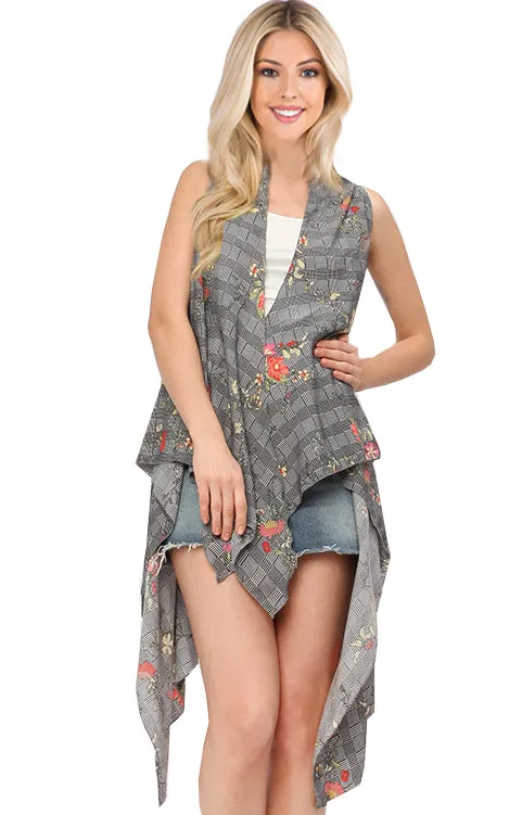 VP9341 Flower Over Plaid  Scarf Vest